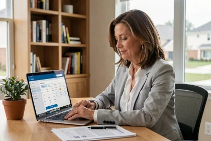 Femme utilisant un logiciel d'estimation immobilière sur ordinateur portable dans un bureau à domicile