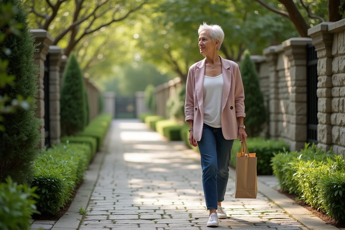 Femme marchant près de résidences en nature