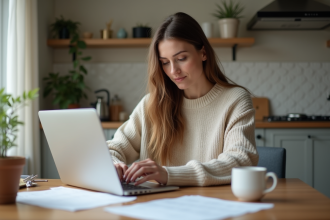 Femme en cuisine examinant des documents de prêt
