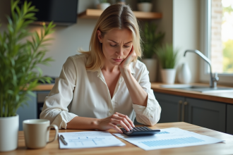 Femme réfléchissant à un prêt immobilier dans une cuisine lumineuse