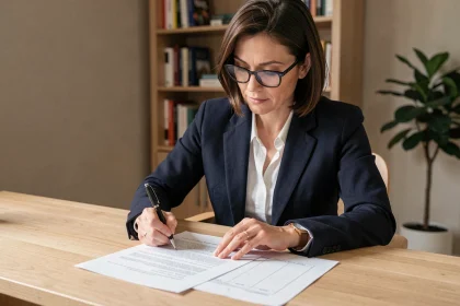 Femme professionnelle complétant un pré-état daté vierge pour la loi ALUR à son bureau à domicile