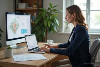 Femme professionnelle analysant des rapports immobiliers dans un bureau moderne