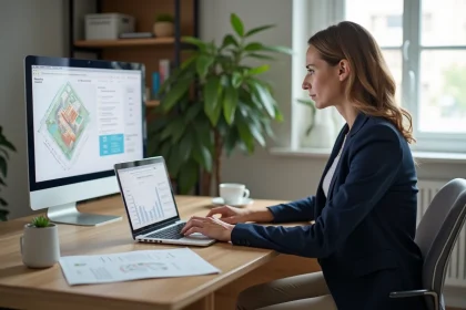 Femme professionnelle analysant des rapports immobiliers dans un bureau moderne