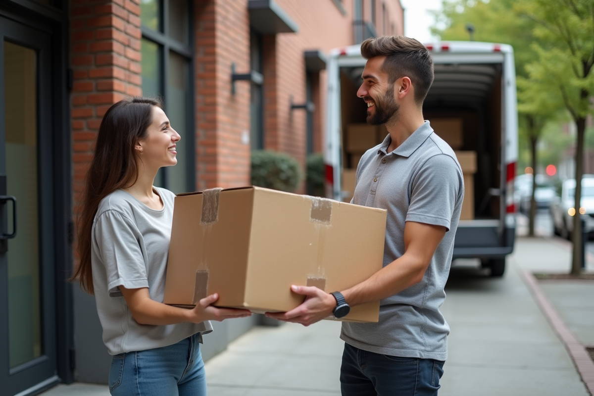 Femme souriante recevant des cartons devant un immeuble moderne