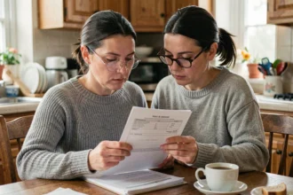 Femme consultant un relevé d'information pour son assurance habitation à la table de sa cuisine