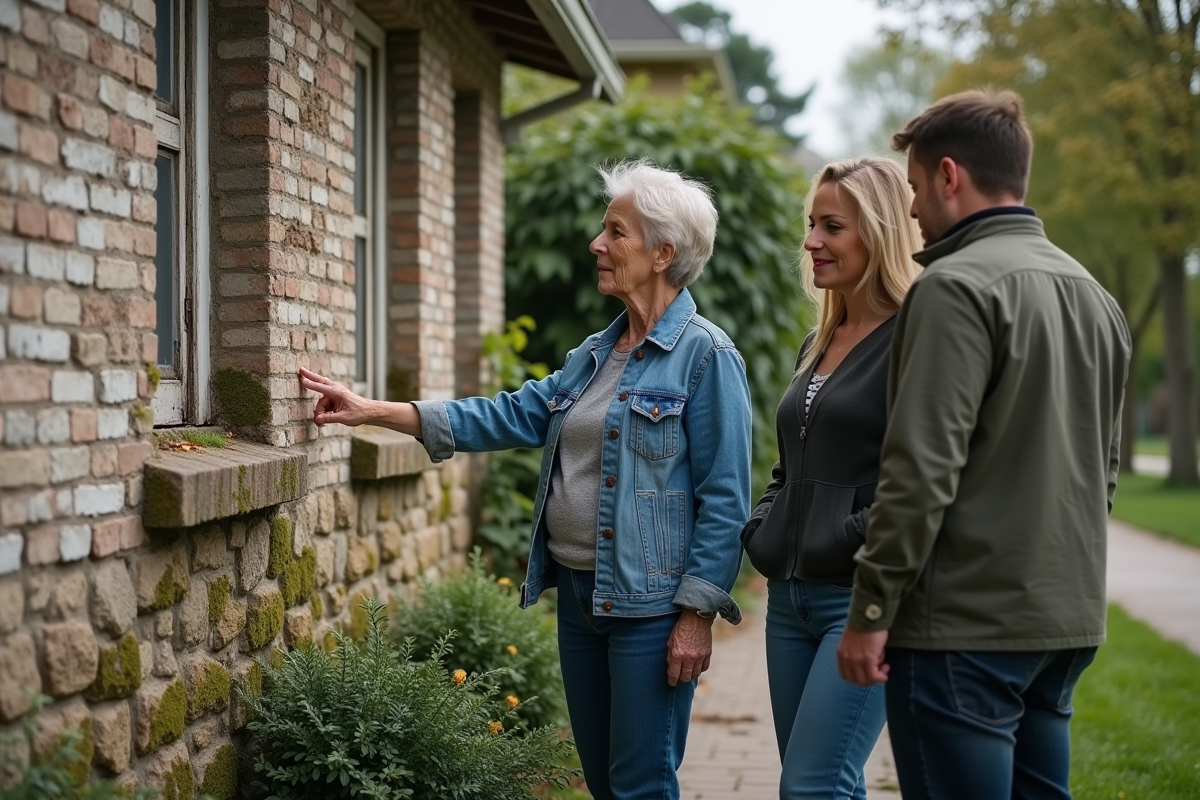 Femme montrant des dégradations de façade à un couple dehors