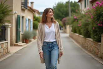 Femme méditerranéenne marche dans un quartier calme de Fréjus