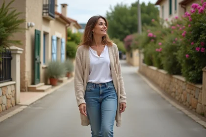 Femme méditerranéenne marche dans un quartier calme de Fréjus
