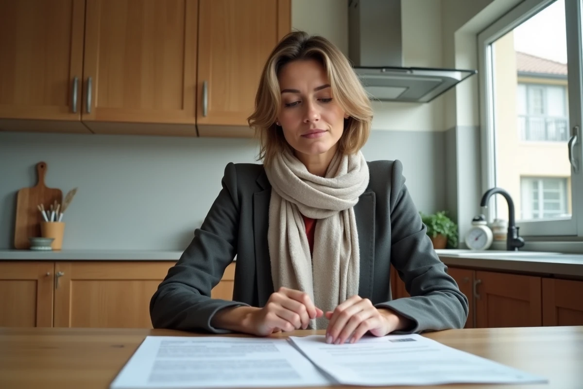Femme en blazer examine des documents immobiliers à la maison