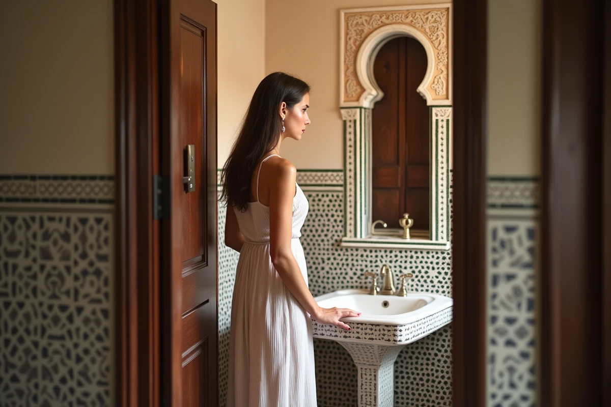 Jeune femme inspecte une salle de bain marocaine authentique