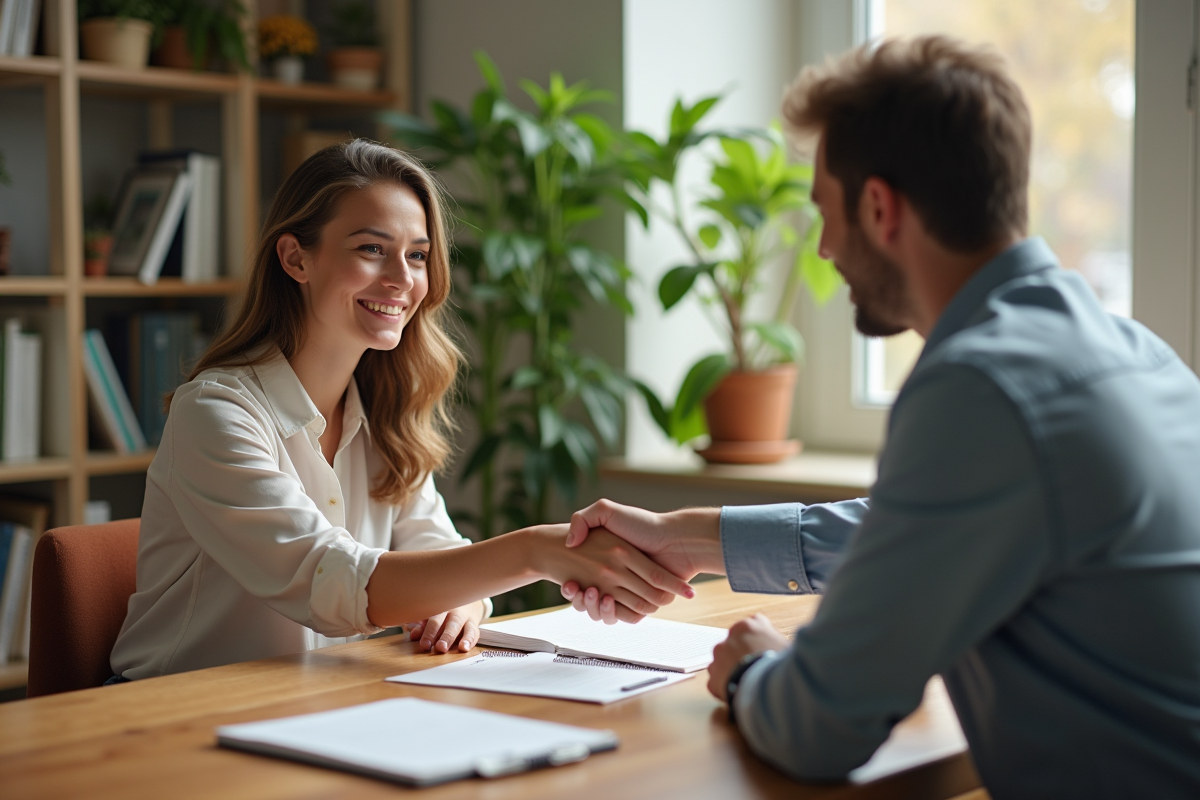 Femme souriante serre la main d