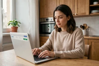 Femme comparant des offres d'assurance habitation en ligne sur un ordinateur portable dans une cuisine moderne