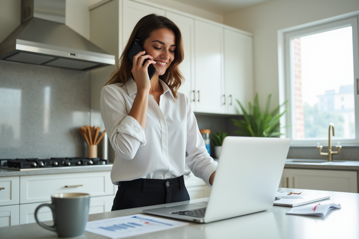 Jeune femme parlant au téléphone en vérifiant des graphiques immobiliers
