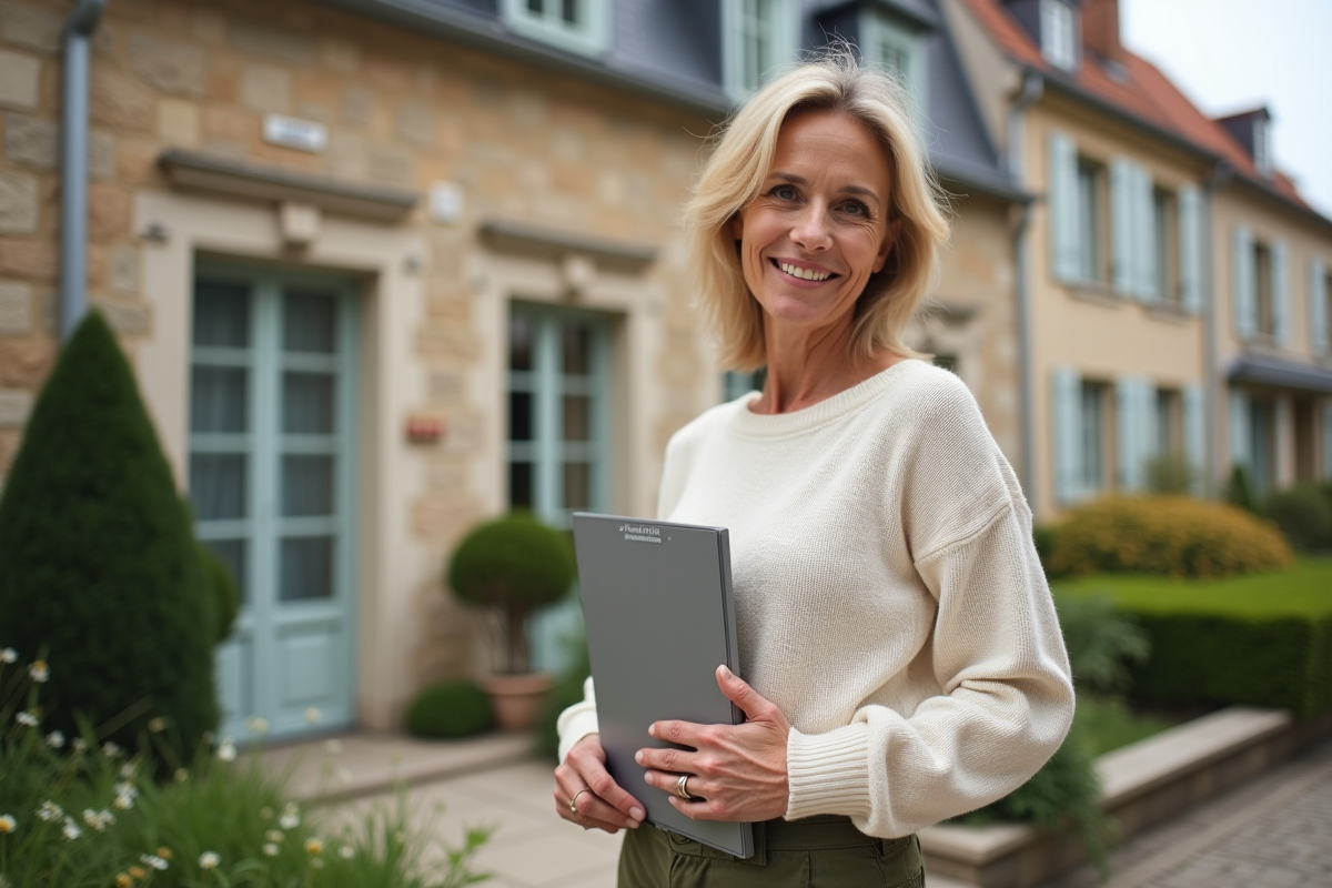 Femme souriante devant une maison renovée avec un dossier Projet Denormandie