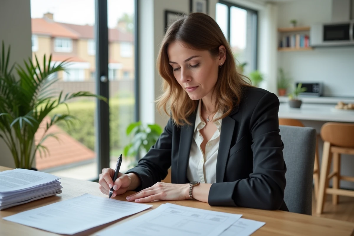 Femme concentrée à son bureau dans une cuisine moderne