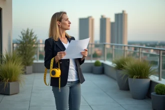 Femme d'âge moyen tenant documents fiscaux sur terrasse urbaine