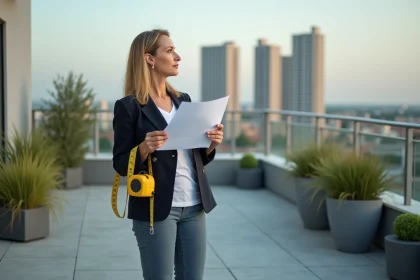 Femme d'âge moyen tenant documents fiscaux sur terrasse urbaine