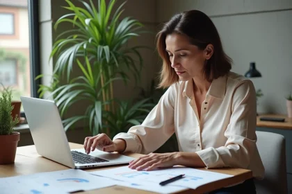 Femme concentrée évaluant des données immobilières à la maison
