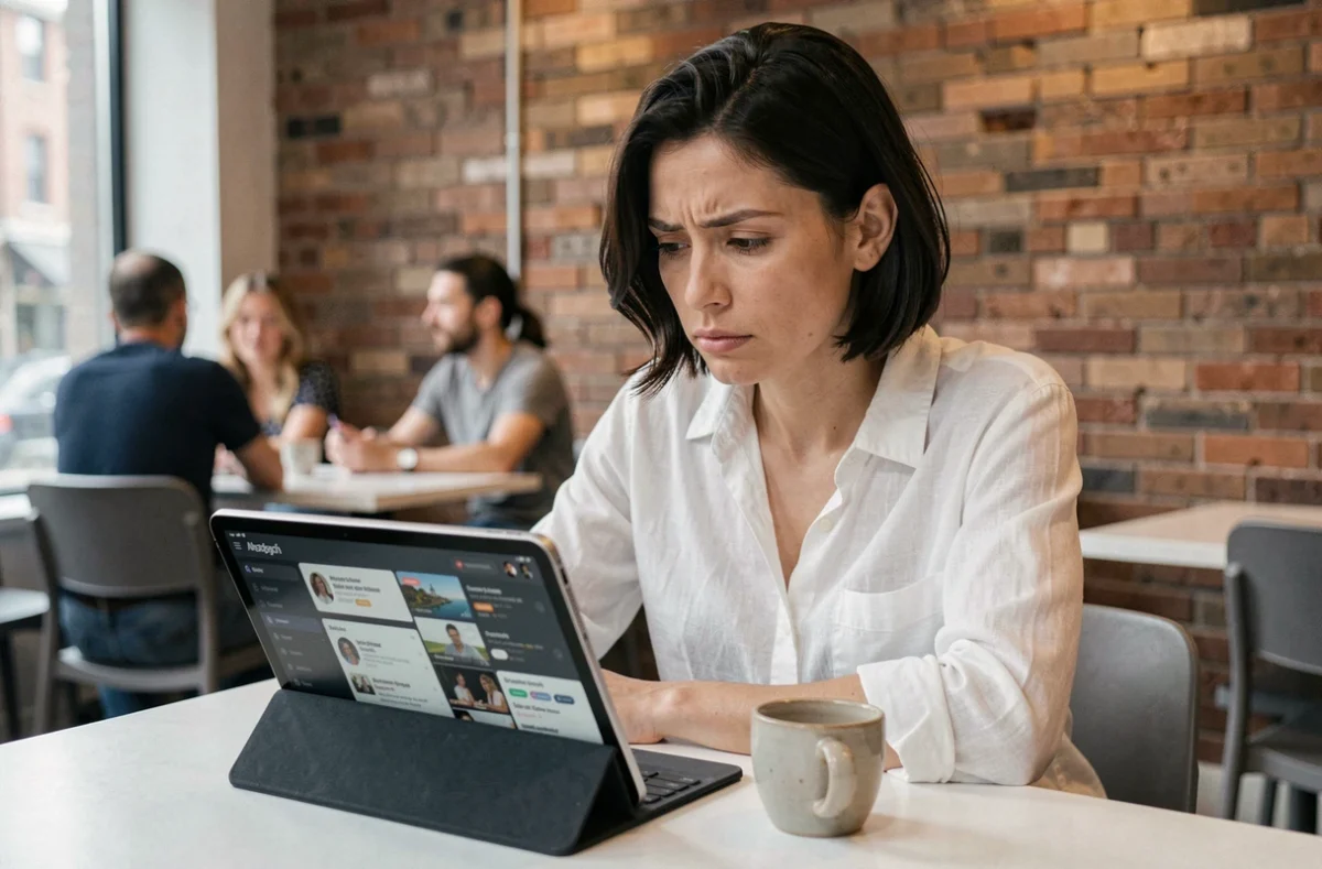 Femme évaluant un service VPN sur une tablette dans un café urbain