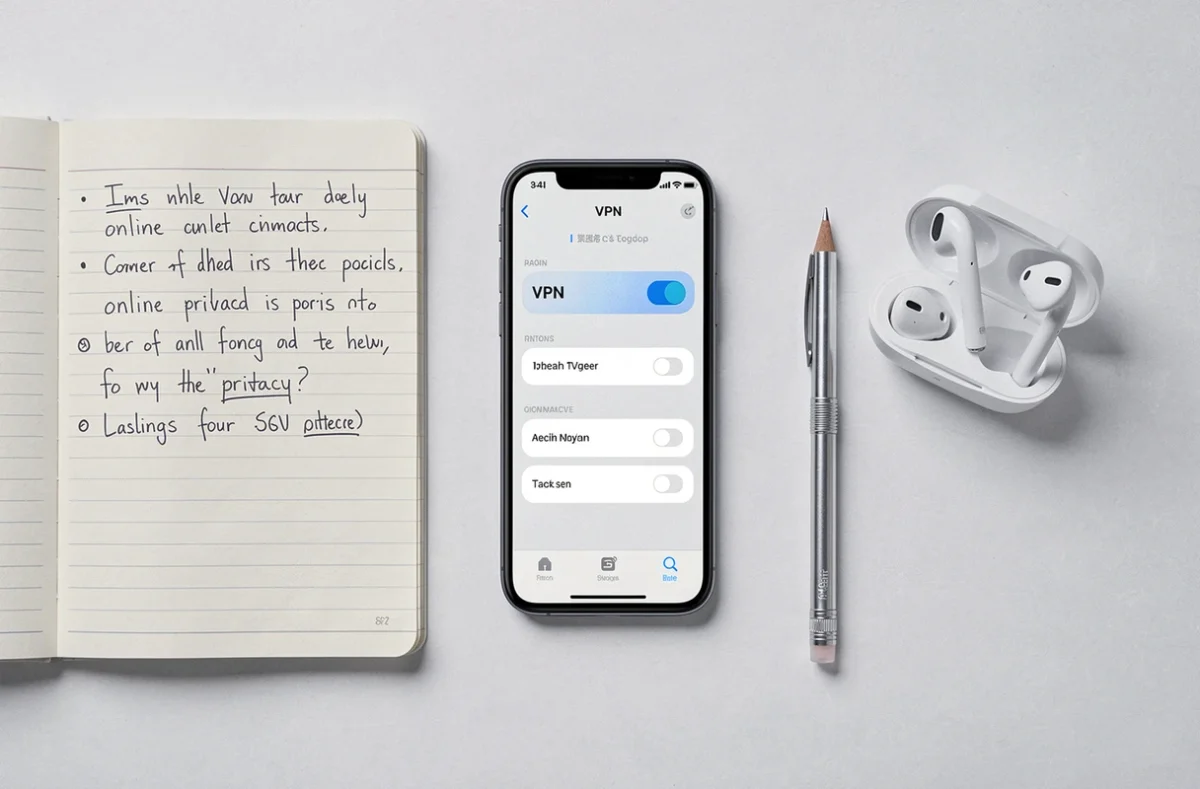 Vue de dessus d'un smartphone avec interface VPN et notes sur la confidentialité en ligne