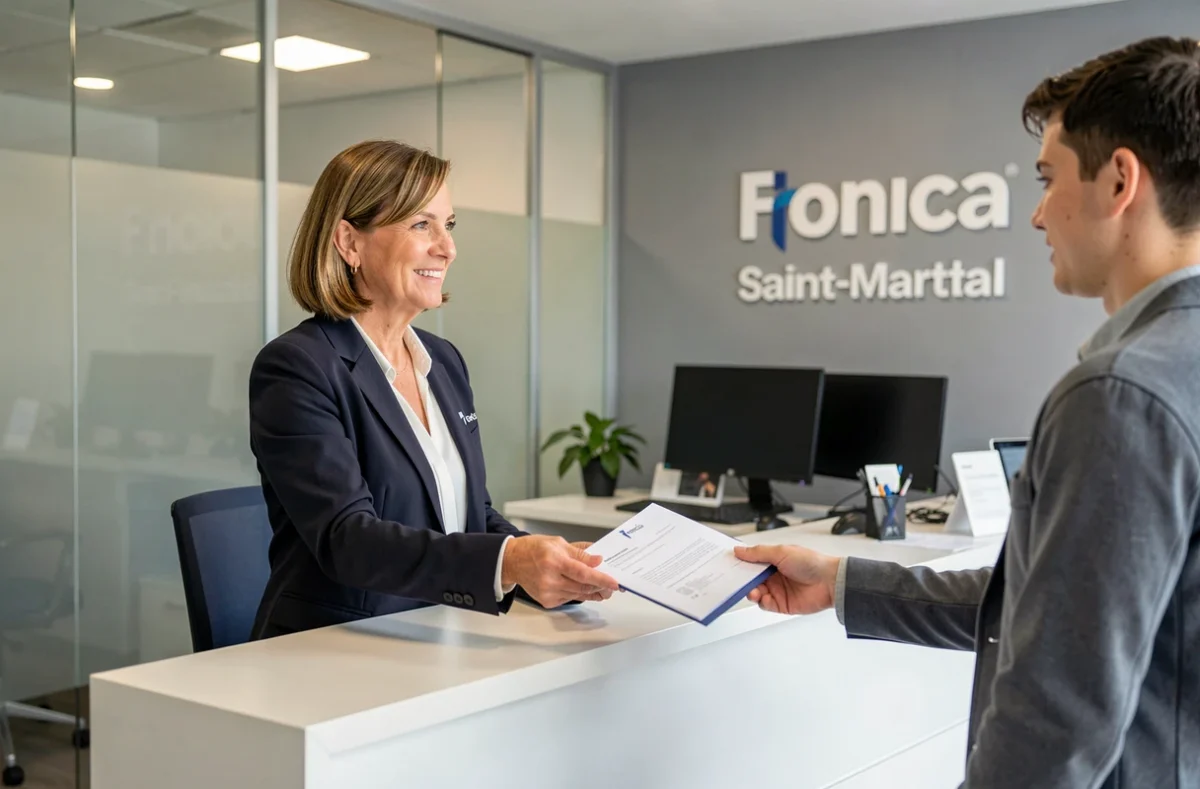Gestionnaire Foncia Angoulême Saint-Martial remettant un dossier à un client à l'accueil de l'agence