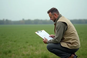 Géomètre mesurant une parcelle de terrain de 15 ares avec une fiche de calcul en m²