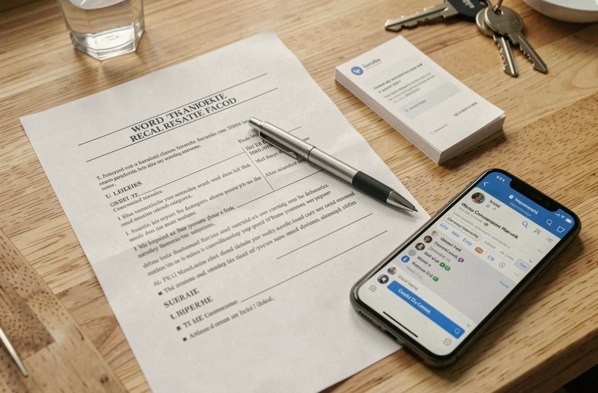 Gros plan d'un pré-état daté vierge imprimé en format Word posé sur un bureau avec un stylo et un smartphone pour envoi rapide