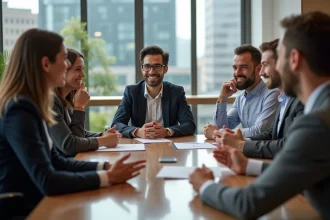 Groupe d'employés de bureau divers discutant autour d'une table moderne