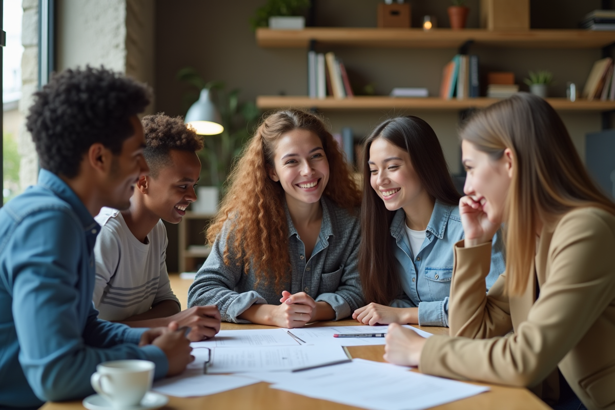 Groupe diversifié de jeunes étudiant et professionnel discutant de location