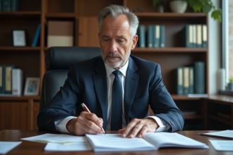 Homme d'affaires en costume examine des documents légaux