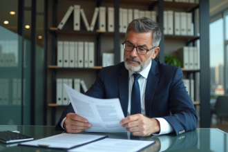 Homme d'affaires examine des documents de pret immobilier