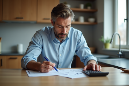 Homme d'affaires en cuisine analysant un rapport immobilier