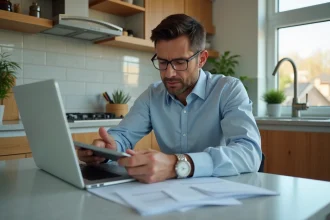 Homme d'affaires au travail dans une cuisine moderne