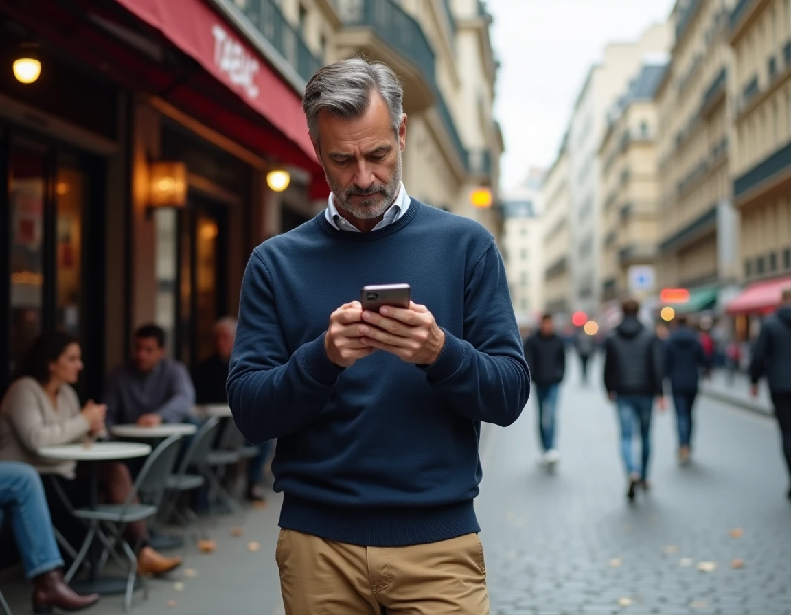Homme consultant une application d'annonces locales sur son smartphone dans une rue typique de Paris
