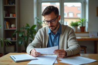 Homme en cuisine regardant ses factures et documents de location