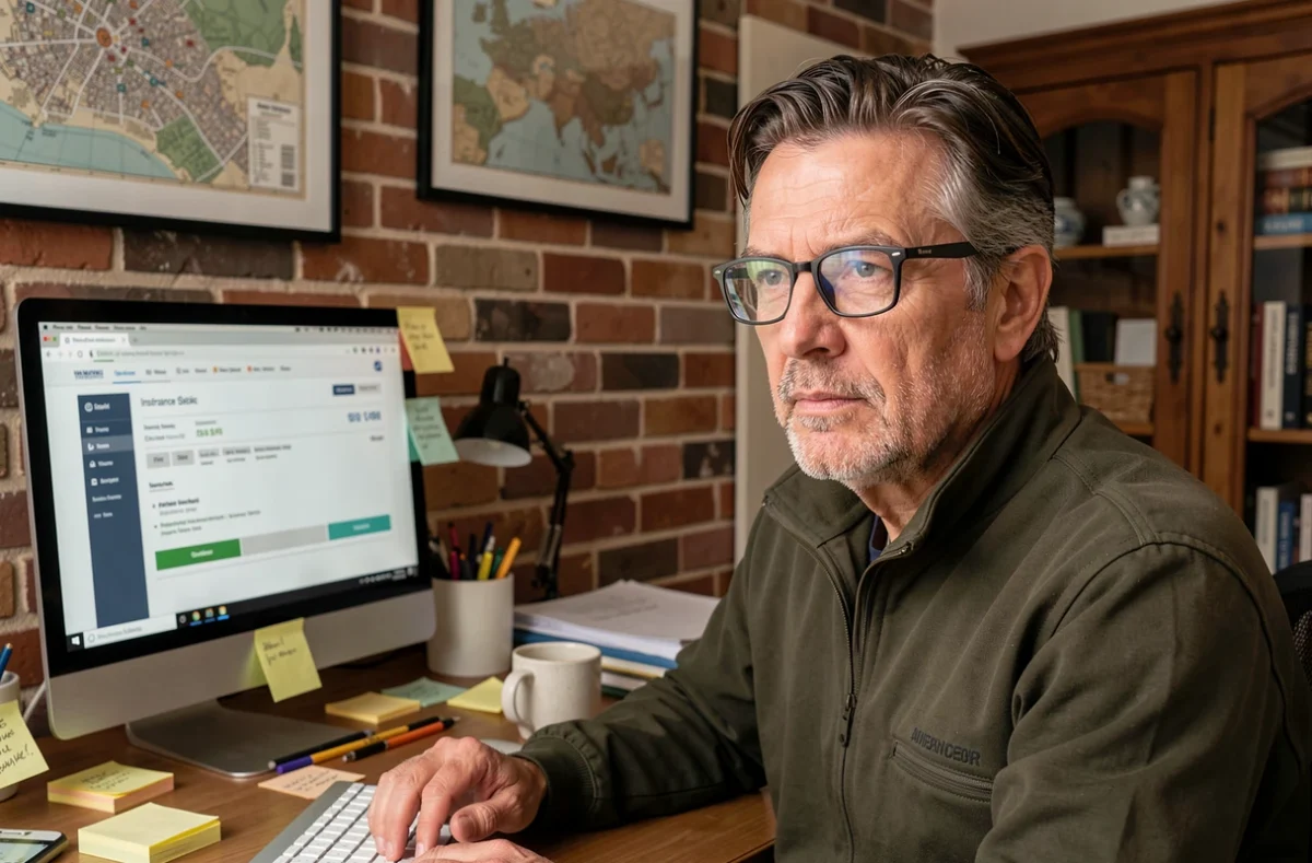Homme consultant une offre d'assurance habitation MAE pas cher sur son ordinateur au bureau