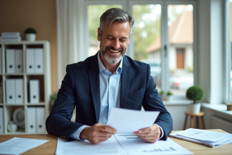 Homme professionnel dans son bureau en train de consulter des documents de renovation