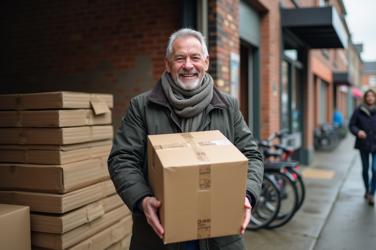 Homme récupérant des cartons dans une épicerie urbaine
