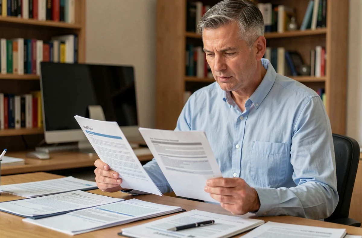 Homme comparant des documents d'assurance habitation dans son bureau à domicile