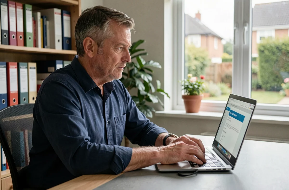 Homme comparant des offres d'assurance habitation en ligne sur un ordinateur portable dans un bureau à domicile