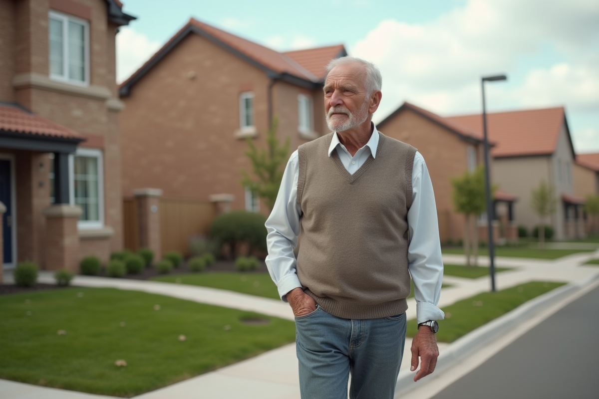 Homme d age marchant devant maisons neuves en banlieue