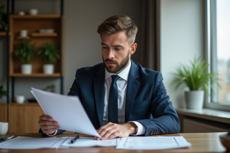 Homme en costume bleu examinant documents de location