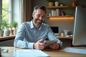 Homme souriant vérifiant documents immobiliers sur tablette