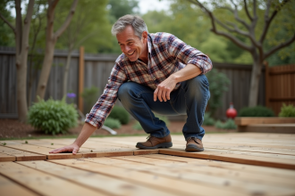 Homme souriant examine le bois d'un deck en extérieur