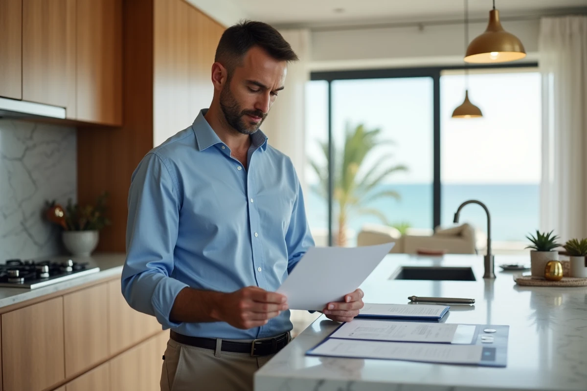 Homme vérifiant des documents dans une cuisine lumineuse