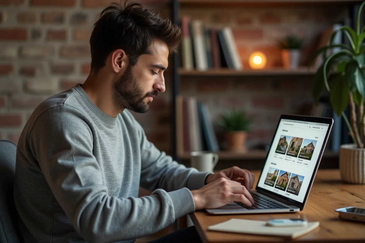 Homme consultant un site d'estimation immobilière en ligne sur son ordinateur portable depuis son bureau à domicile