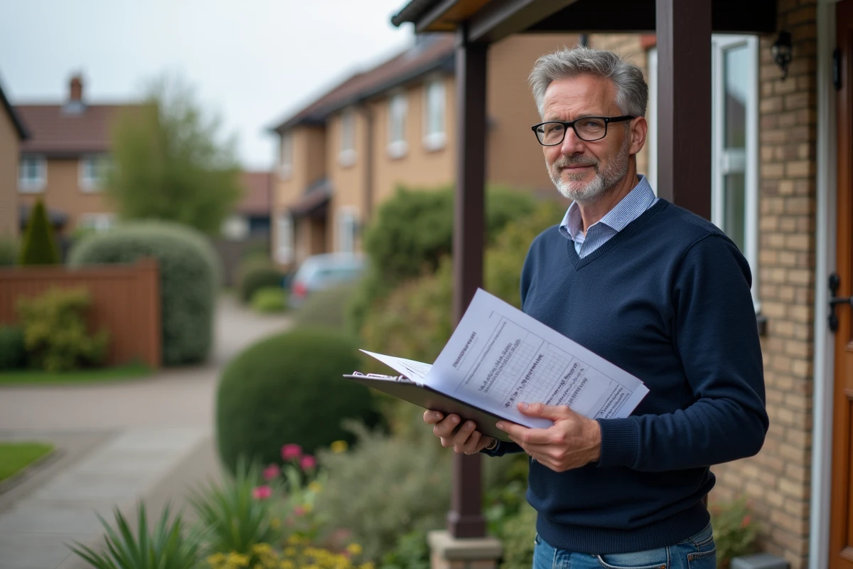 Homme évaluant une maison avec un graphique immobilier à l