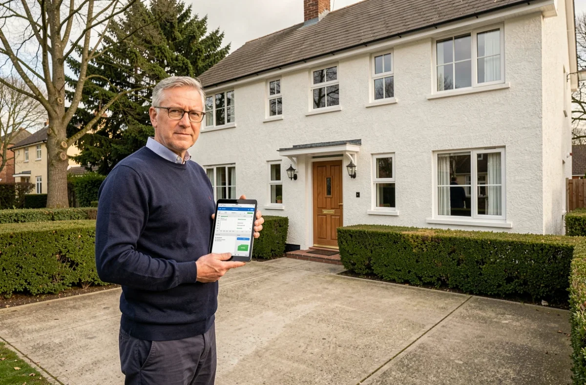 Homme estimant la valeur de sa maison avec une application immobilière sur tablette devant sa propriété