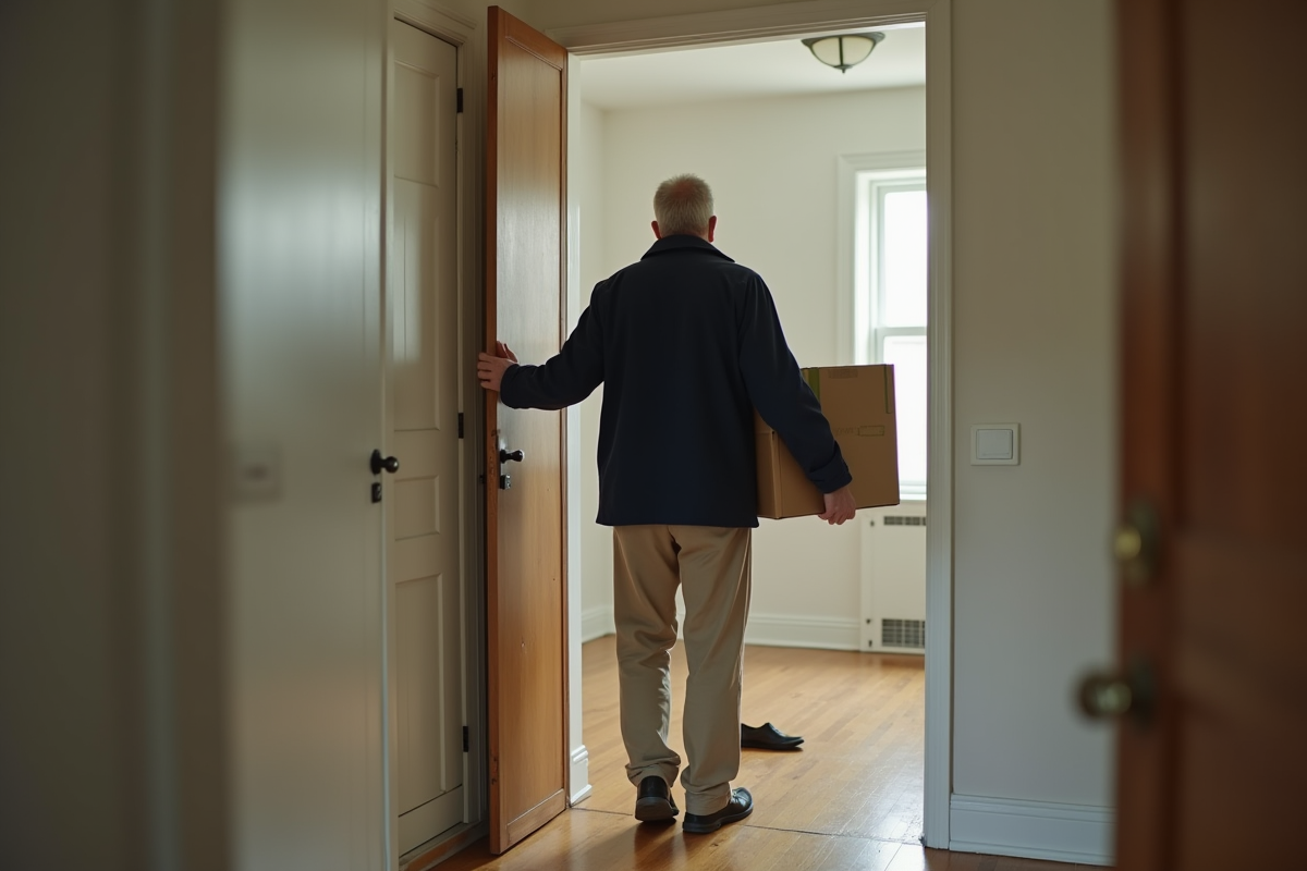 Homme ferme une porte d appartement vide et transition