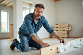 Homme en travaux isolant une maison moderne